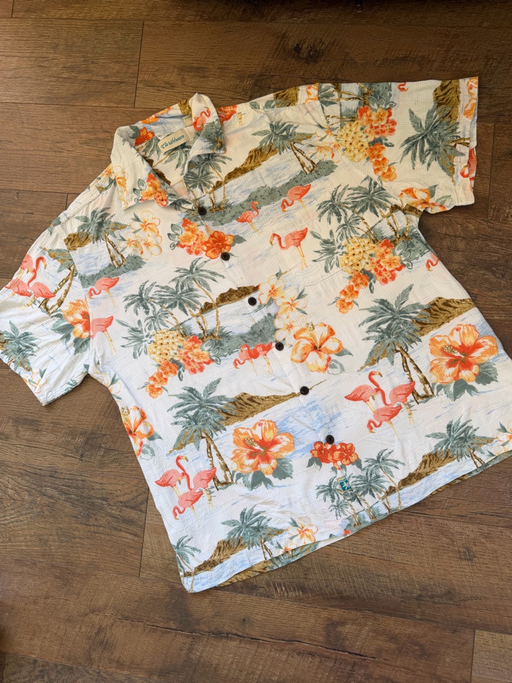 Caribbean Floral & Palm Short-Sleeve Button Shirt - White with Coral & Green